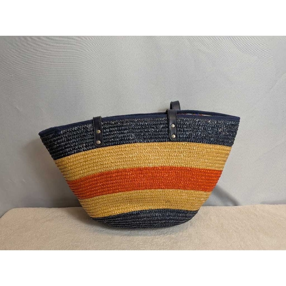 Large Woven Straw Tote Bag Navy Orange Yellow Beach Summer Carry-All